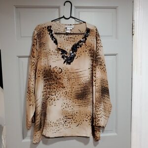Vintage Diane Gilman Women's 100% Silk Animal Print Beaded Blouse size 3x Comfy